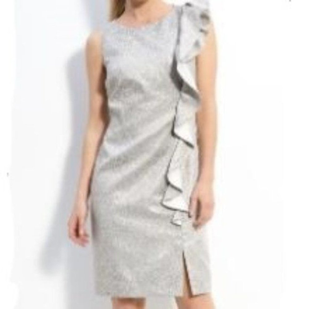 Tahari ASL Gold Brocade Sleeveless Cocktail Dress Vertical Ruffle Detail Size 10 - Picture 4 of 9